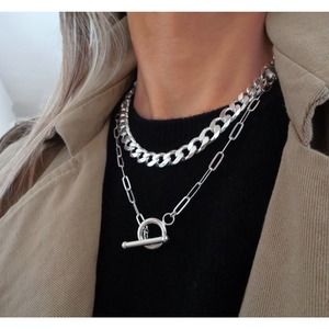 925 Sterling Silver Paperclip Necklace, Toggle Clasp Necklace, Long Link Chain